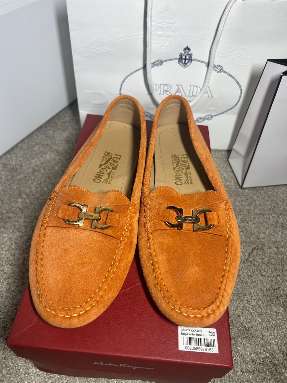 Salvatore Ferragamo Orange Suede Gancini Bit Loafers women